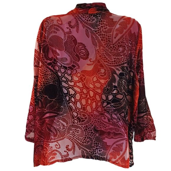 Notations Burnout Velvet Cardigan L Sheer Red Black Ruched Sleeve Boho Layer - Picture 6 of 9
